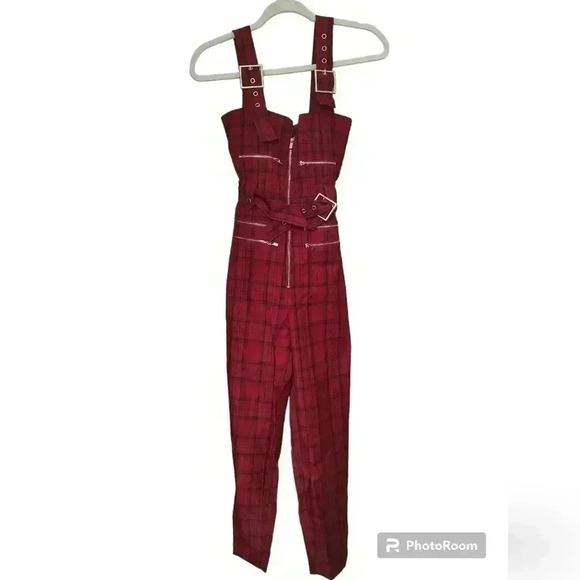 WE WORE WHAT Women's Moto Overalls Plaid Pompeian Red SMALL - Picture 5 of 5